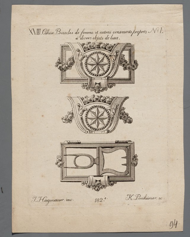 Ornamentprent. Nouveaux Desseins de Differens Ornemens de Meubles. Boucles de femme. Titelblad.