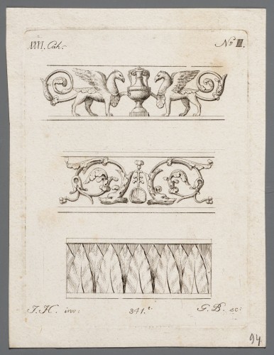 Ornamentprent. Nouveaux Desseins de Differens Ornemens de Meubles.