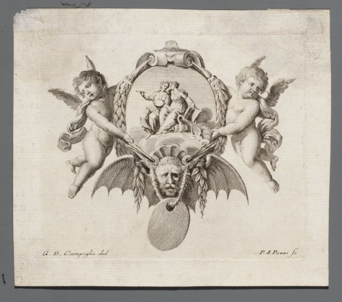 Ornamentprent.  Cartouche met allegorische verbeelding van de Kunsten.