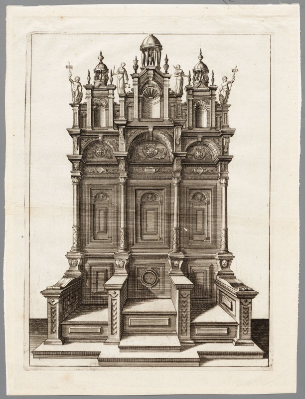 Ornamentprent. Verscheidene Schreinwercke als Portalen (kopie).