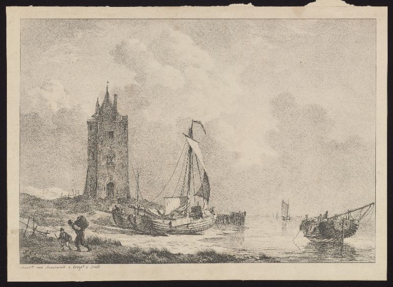 Lithografie. Pinken bij een toren naar J.C. Schotel.