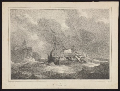 Lithografie met afbeelding van een schipbreuk nabij een vuurtoren.