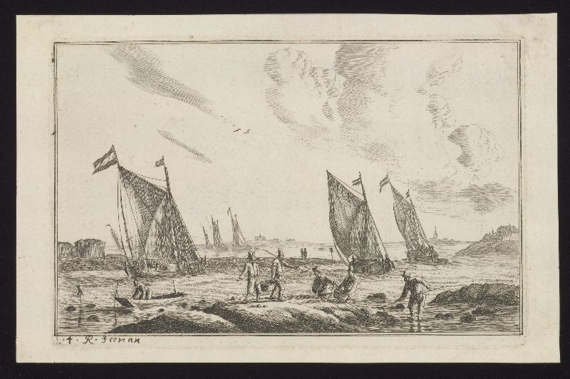 Reinier Nooms 'Zeeman' - Kopergravure. Binnenschepen in een vaargeul.