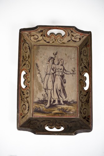 Beschilderd houten linnenbakje met herder en herderin