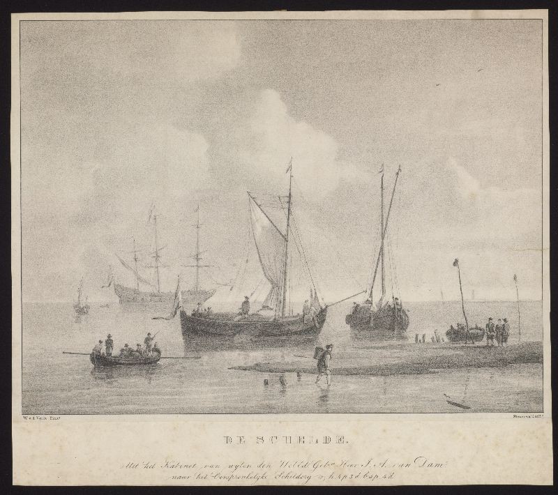 Lithografie. Lichters in de Schelde naar W. van de Velde