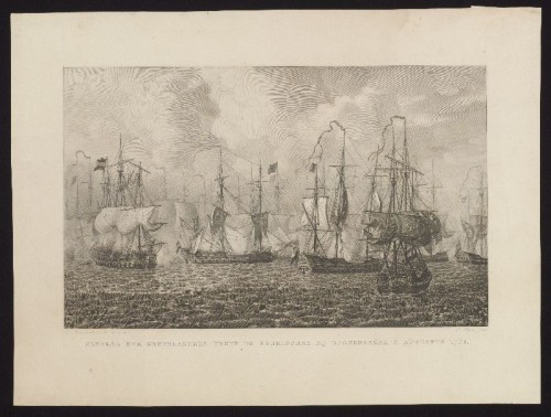 Kopergravure. Zeeslag bij Doggersbank op 5 augustus 1781 tussen de Nederlandse en de Engelse vloten.