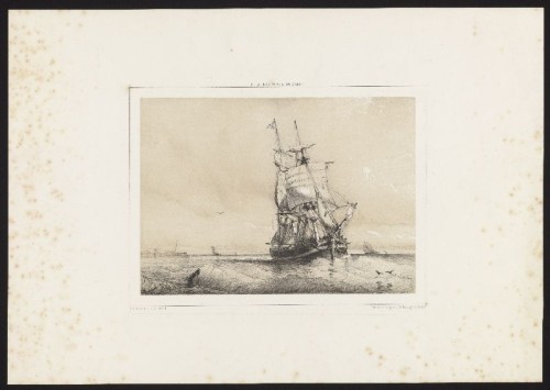 Lithografie: Zeegezicht naar F.A. Breuhaus de Groot.