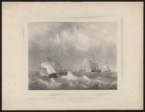 Lithografie. Schepen op een ruwe zee naar J.C. Schotel