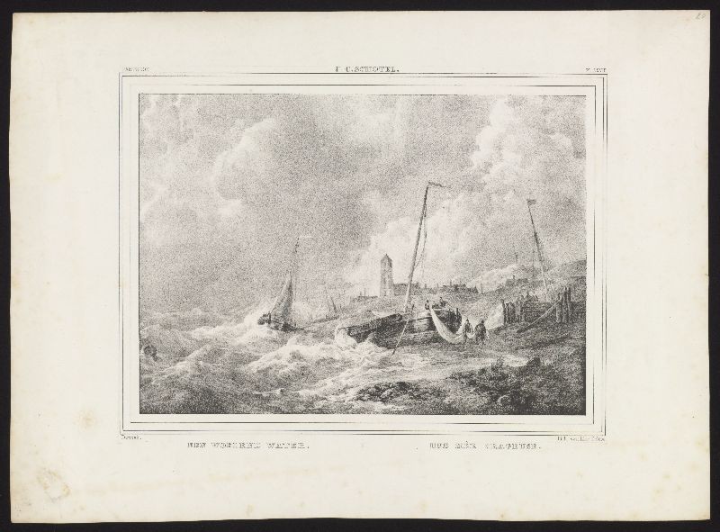 Lithografie: 'Een woelend water', vissersschepen op de kust naar J.C. Schotel.