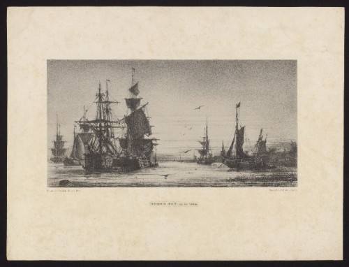 Lithografie: Riviergezicht met zeeschepen en hoogaars.