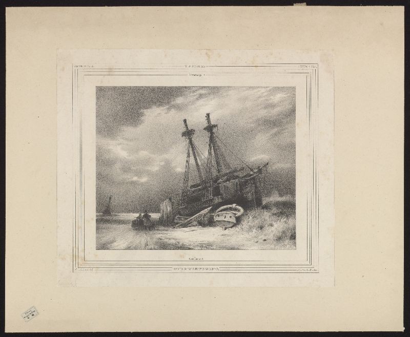 Lithografie: Een voor de winter drooggelegd en onttakeld schip naar W.J.J. Nuijen.