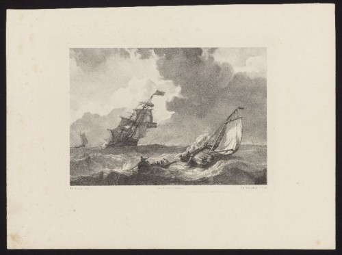 Lithografie: Schepen in een ruwe zee naar J.C. Schotel.