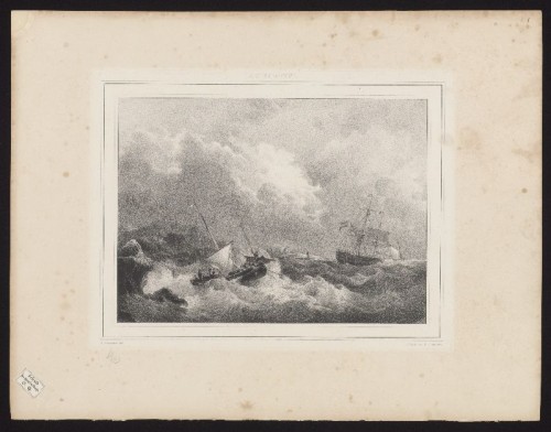 Lithografie: Schepen in een ruwe zee naar J.C. Schotel.