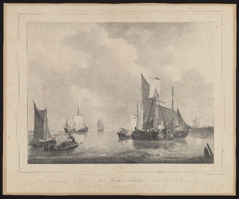 Lithografie: Schepen aan de kust naar J.C. Schotel.