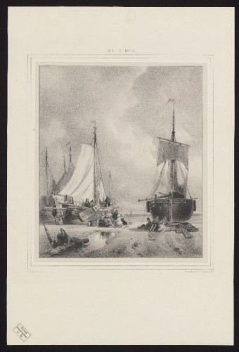 Lithografie: Gezicht op een strand met visserschepen naar W.L.J. Nuijen.