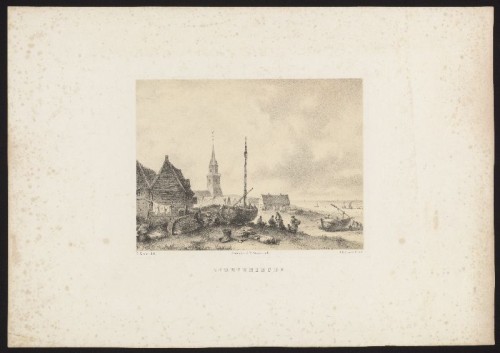 Lithografie: Gezicht op Scheveningen met vissersschepen op het strand.