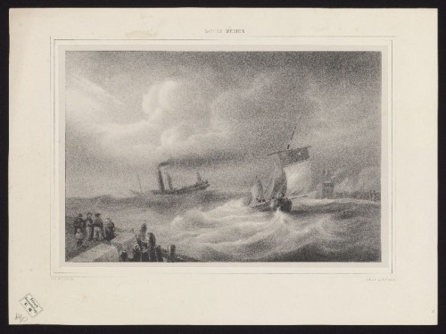 Lithografie: Zeil- en stoomschip bij een havenmond naar Louis Meijer.