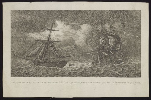 Kopergravure. Het redden van de bemanning van het schip Holland na de slag bij de Doggersbank.