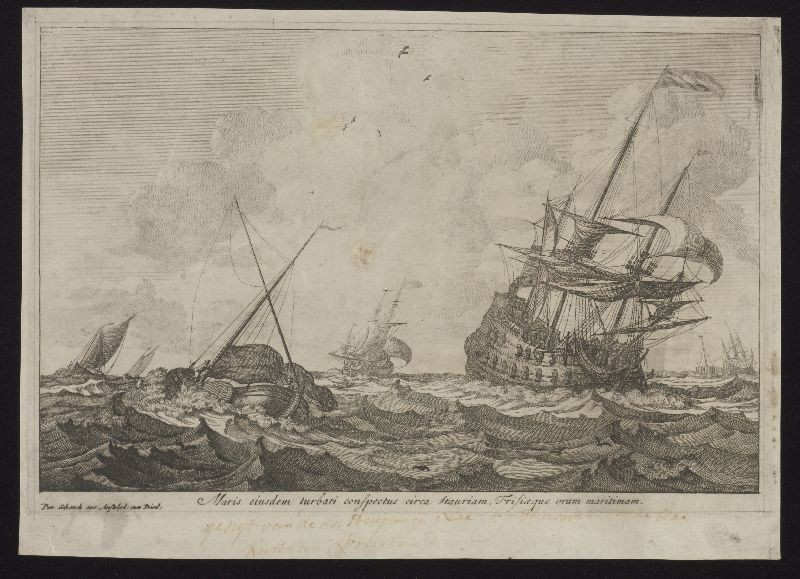 Kopergravure: Een onstuimige zee bij Stavoren.