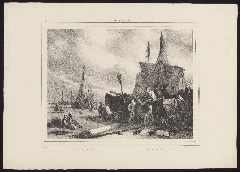 Lithografie: Gezicht op een strand met visserschepen naar A. Waldorp.