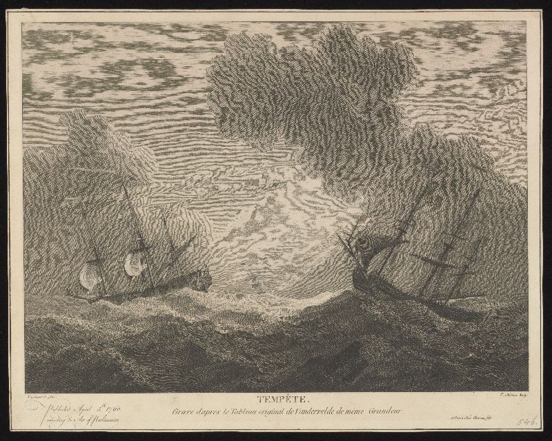 Kopergravure. Schepen in een storm naar een schilderij van Willem van der Velde.