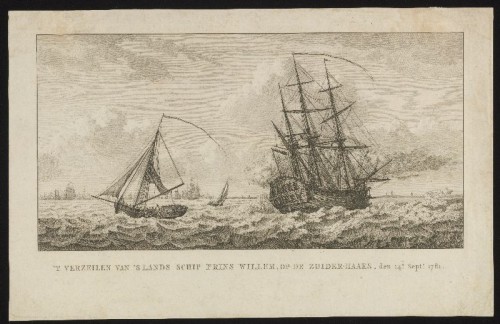 Kopergravure. De stranding van het schip Prins Willem op de Zuiderhaaks in 1781.
