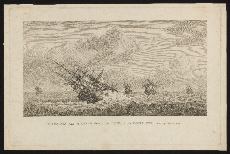 Kopergravure. Het vergaan van 's lands schip De Unie op de Noordzee in 1782.