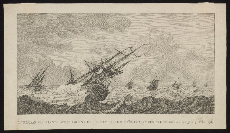 Kopergravure. Het vergaan van 's lands schip Drenthe bij Menorca in 1784.