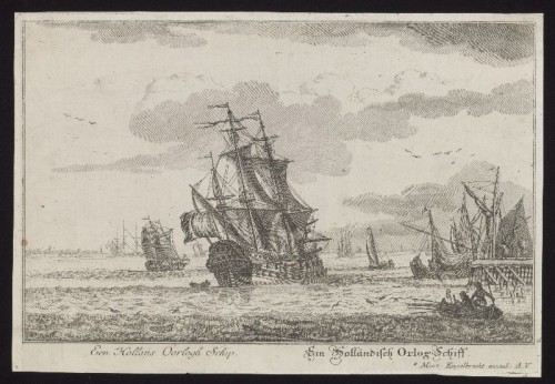Kopergravure. Een Hollands oorlogsschip