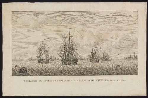 Kopergravure. Het exploderen van de voorste kruitkamer van het schip Rhynland in 1783.