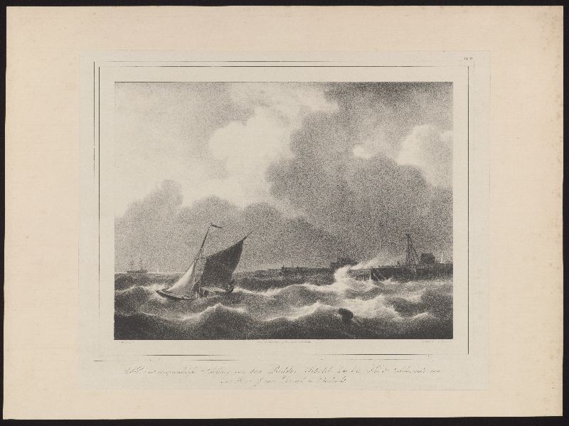 Lithografie: Havenmond in een onstuimige zee naar J.C. Schotel.