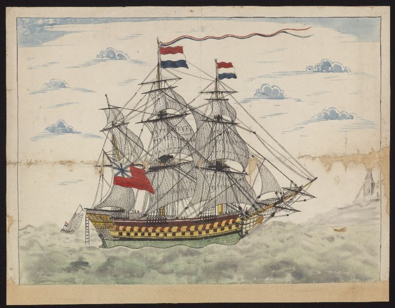 Pentekening. Oorlogsschip met Hollandse en Britse vlaggen