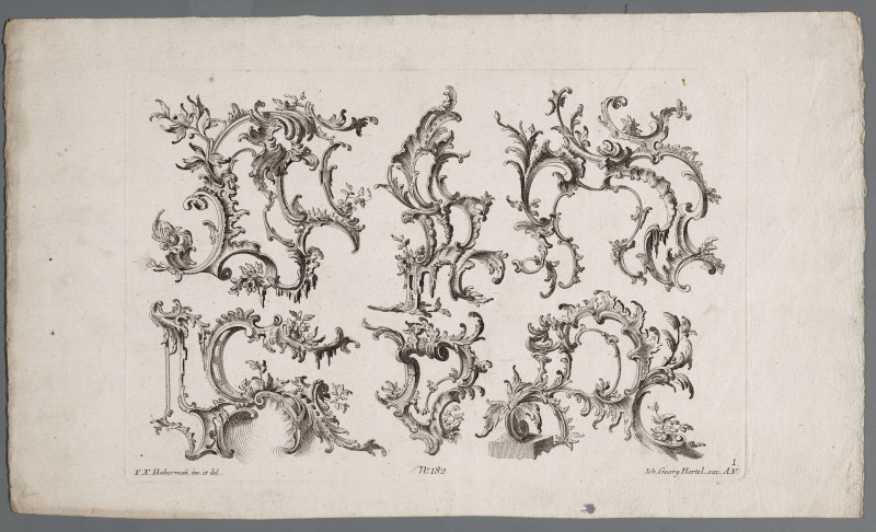 Ornamentprent. Cartouches en ornamenten in rocaille.