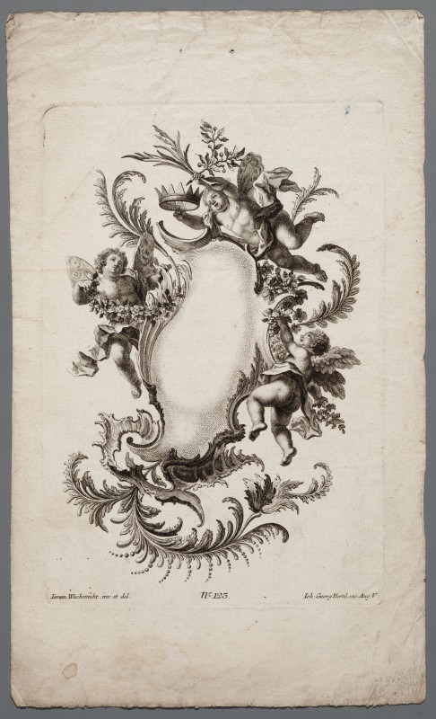 Ornamentprent. Cartouche met putti.