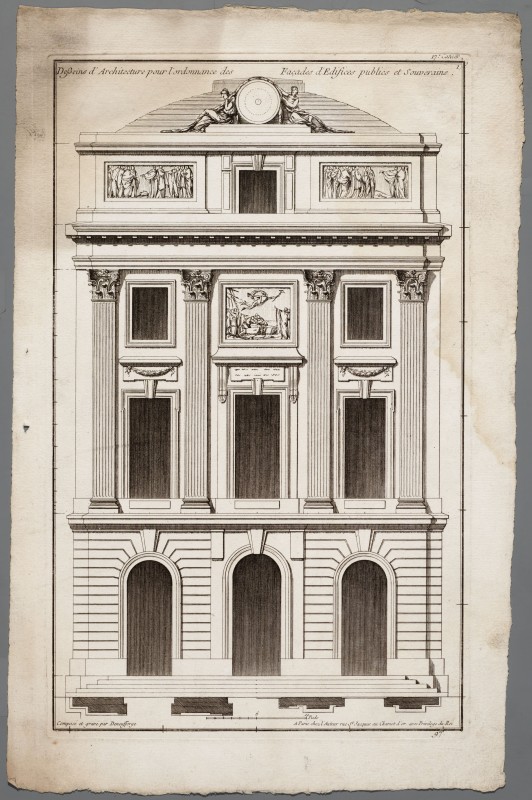 Ornamentprent. Deßeins d’Architecture pour l’ordonnance des Façades d’Edifices publics et Souverains. Titelblad.