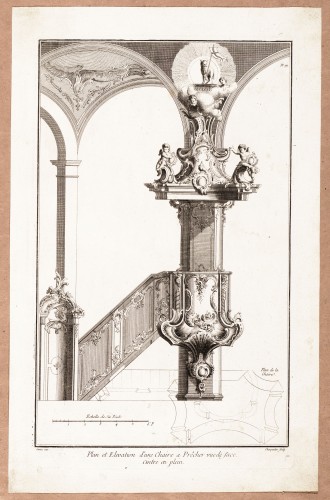 Ornamentprent. Livre nouveau ou règles des cinq ordres d'architecture. Plan et Elevation d'une Chaire a Prêcher vue de face.