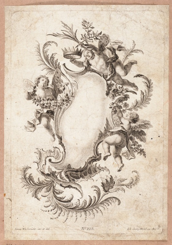 Ornamentprent. Cartouche met putti.