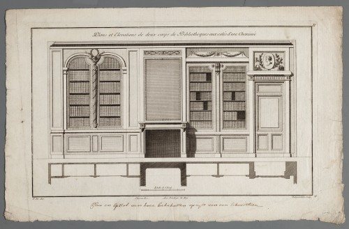 Ornamentprent. Plans et Elevations de deux corps de Bibliothèques.