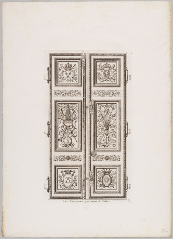 Ornamentprent. Ornemens de peinture et de sculpture, qui sont dans la Galerie d’Apollon, au Chasteau du Louvre, et dans le grand Appartement du Roy, au palais des Tuilleries. Porte, dans le grand Appartement des Tuileries (heruitgave?).