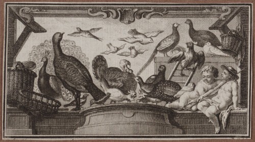 Ornamentprenten. Paneel met putti en vogels. Boekillustratie.