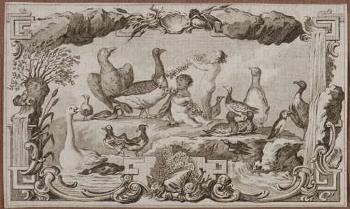 Ornamentprenten. Paneel met putti en watervogels. Boekillustratie.