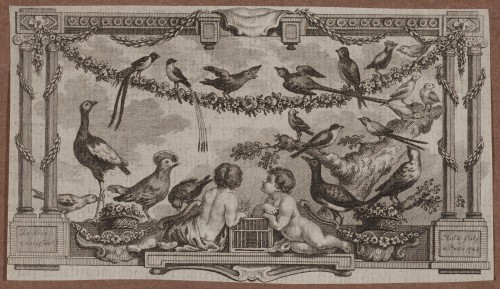 Ornamentprenten. Paneel met putti en vogels. Boekillustratie.