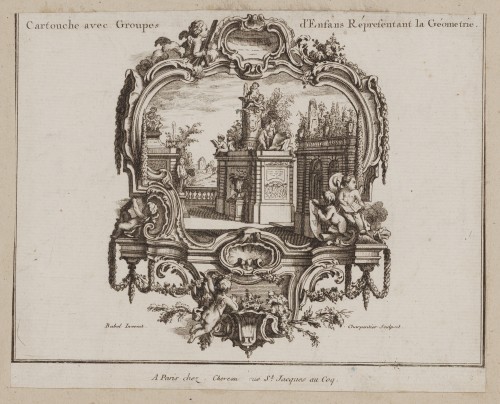 Ornamentprent. Cartouche avec Groupes d'Enfans Répresentant la Géometrie.