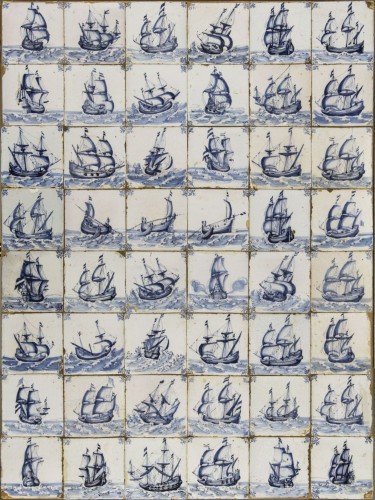 Tegelveld van 48 tegels, met een blauwwit decor van schepen